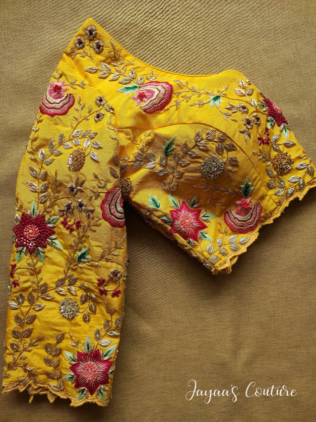 Yellow thread work and zardosi lehenga set