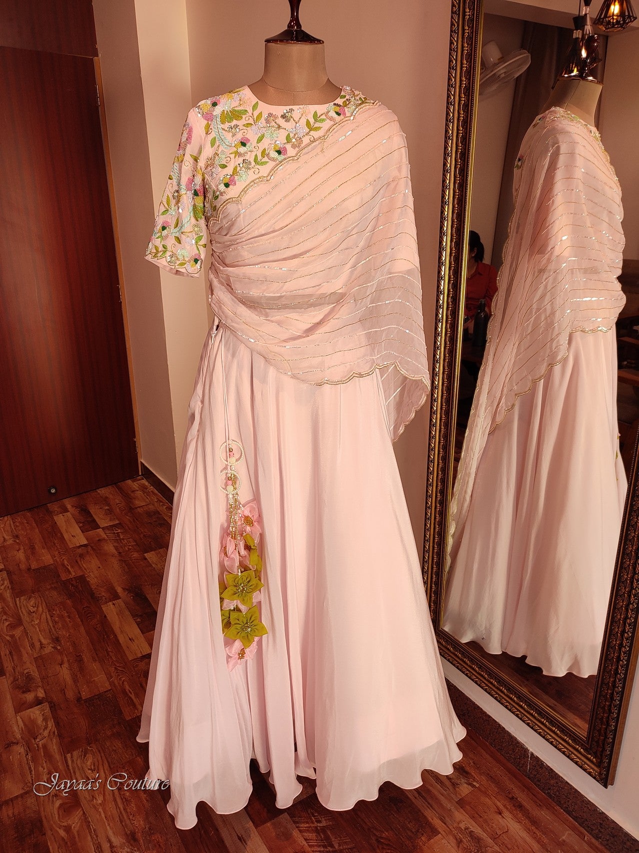 Powder pink lehenga set with drape dupatta