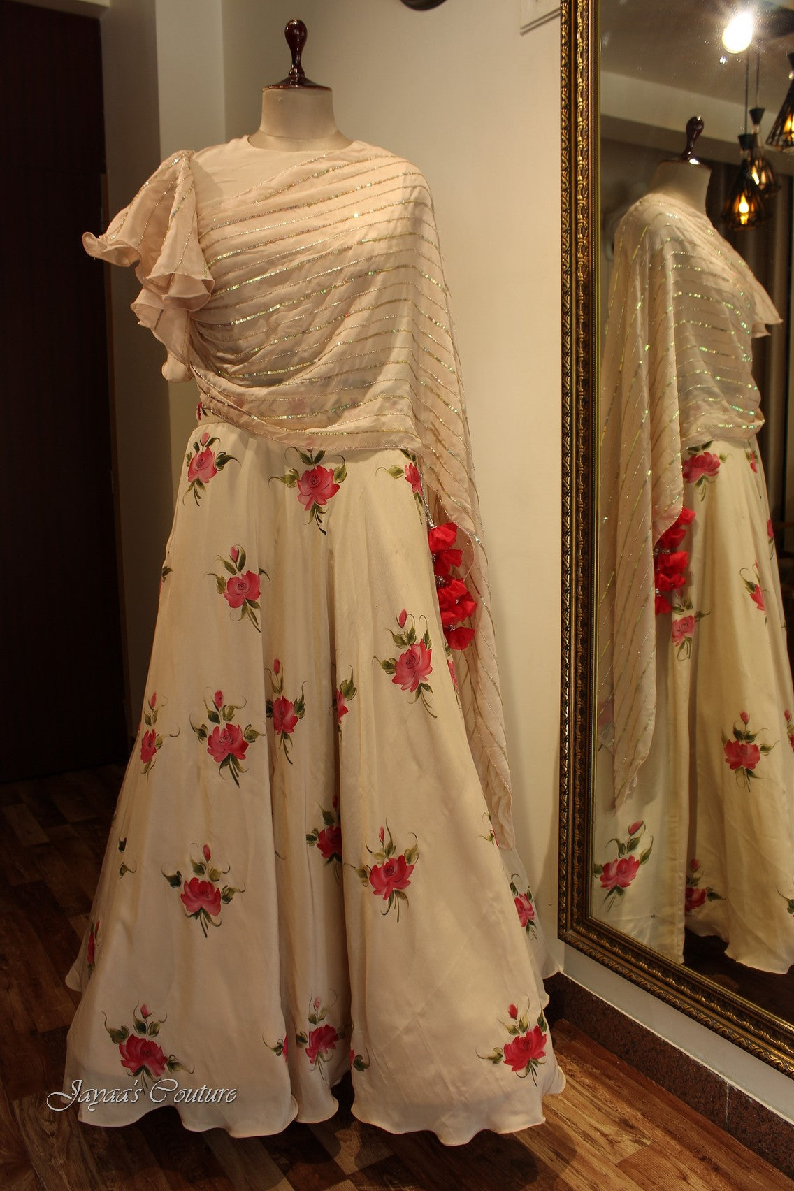 beige lehenga with drape dupatta