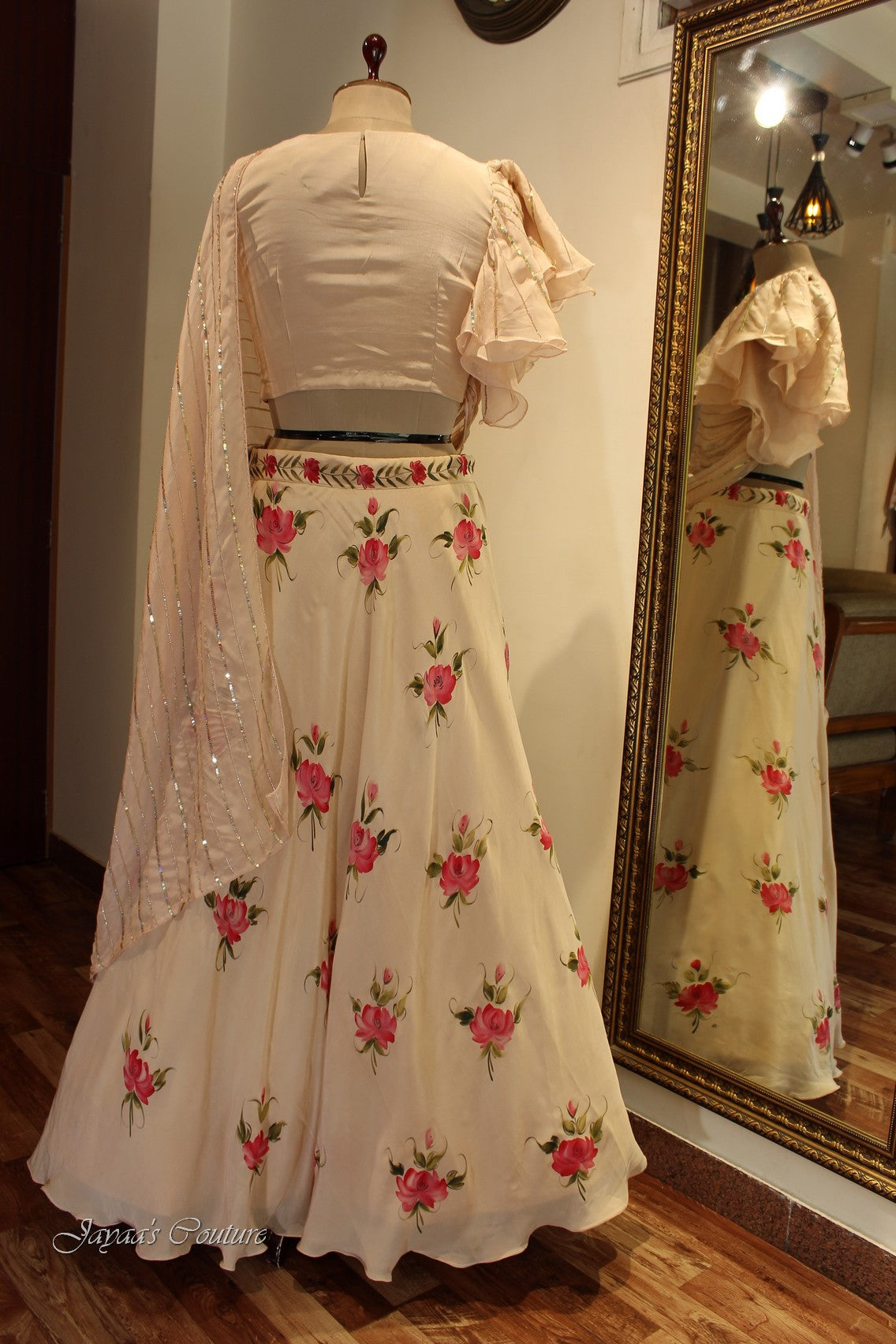beige lehenga with drape dupatta