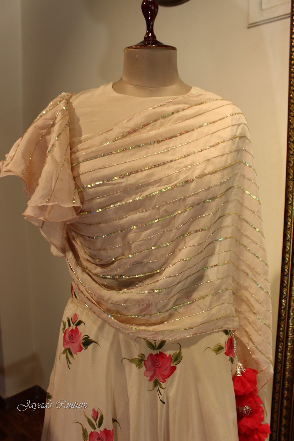 beige lehenga with drape dupatta