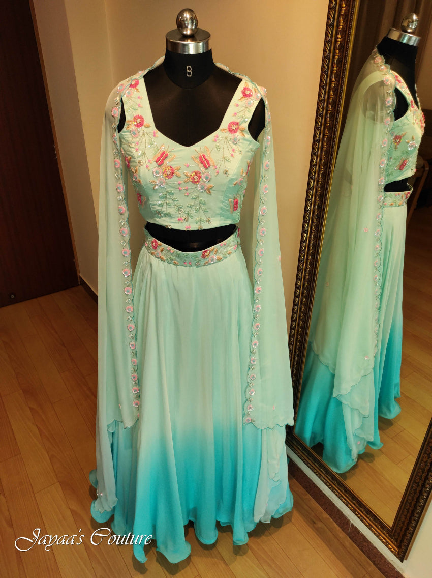 Sky ombre skirt with crop top & cape