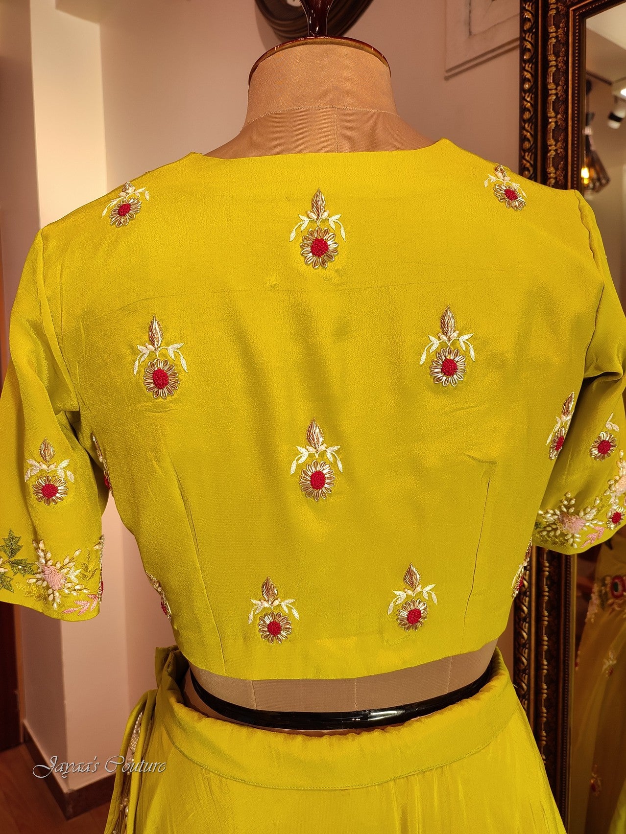 Greenish yellow skirt & blouse with drape dupatta