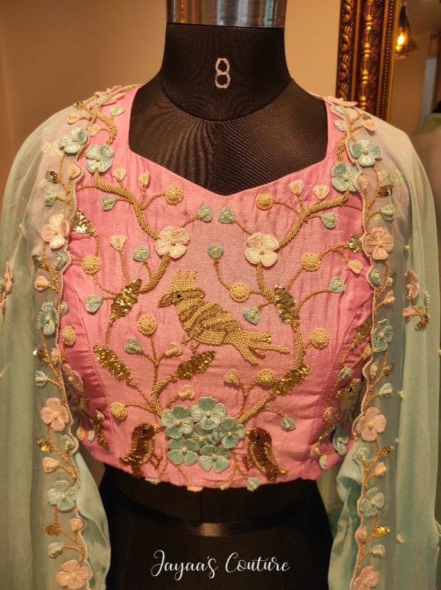 Shaded sky blue pink plazo Crop with shrug