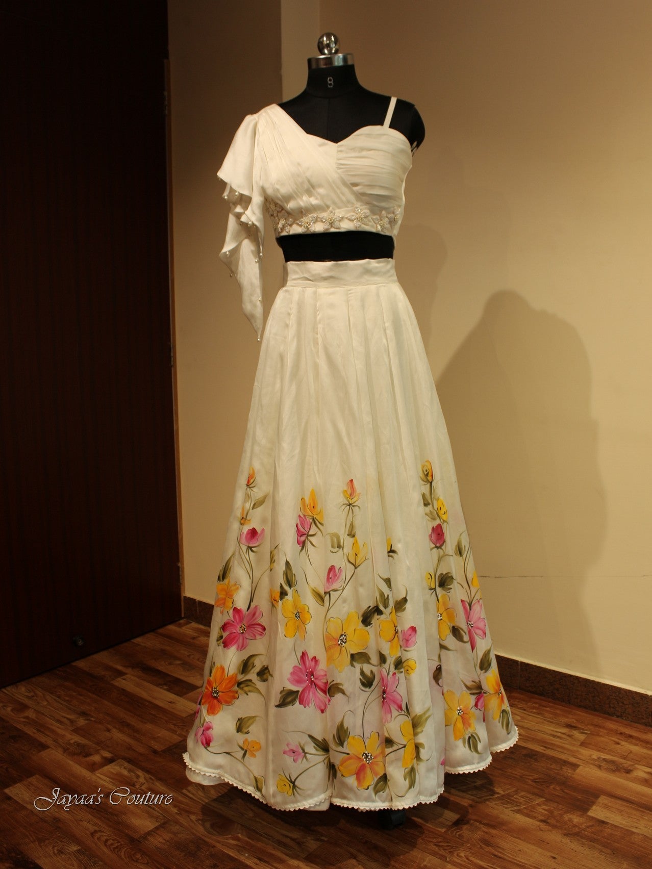 White Hand painted Crop top with skirt