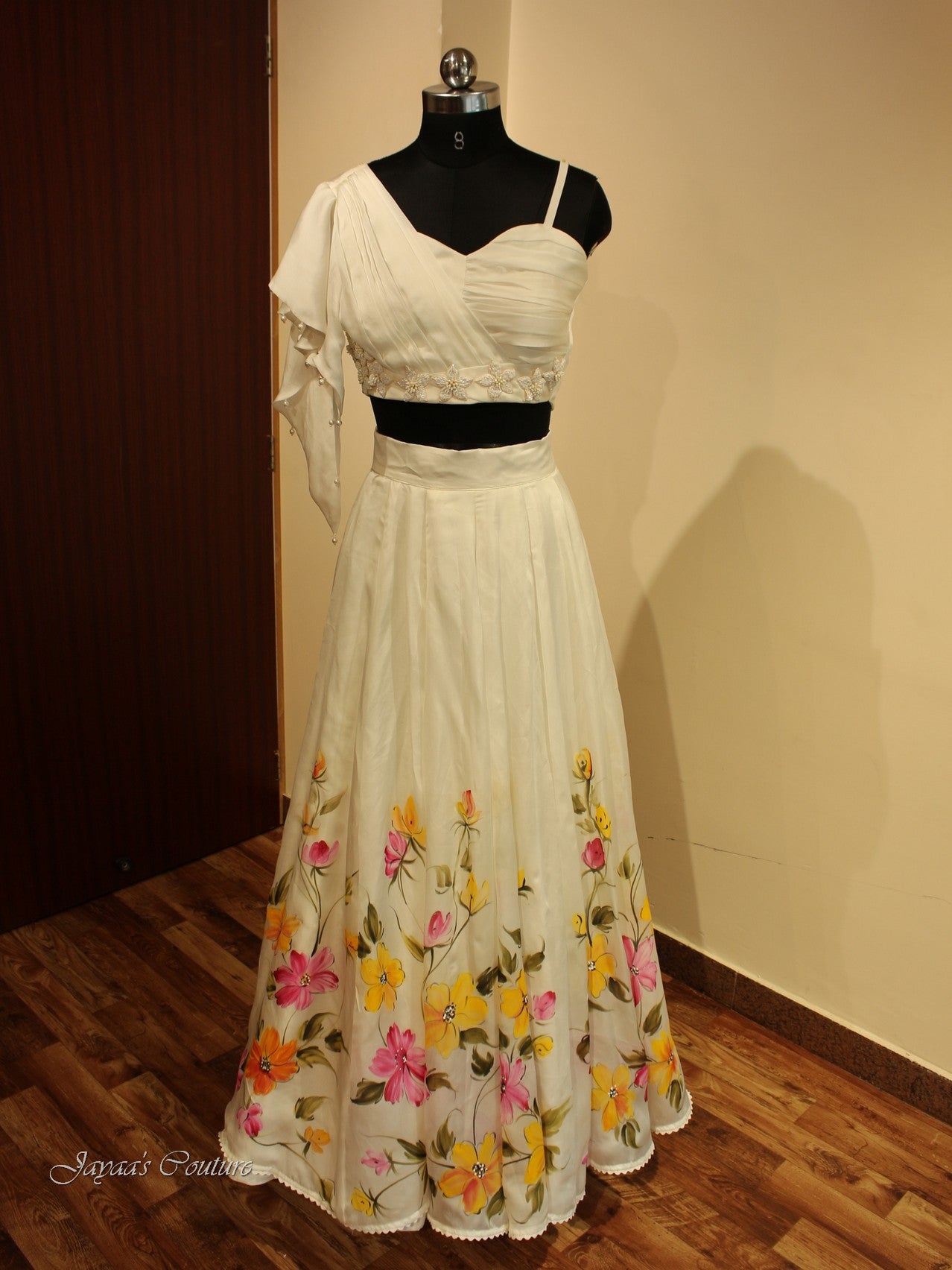White Hand painted Crop top with skirt