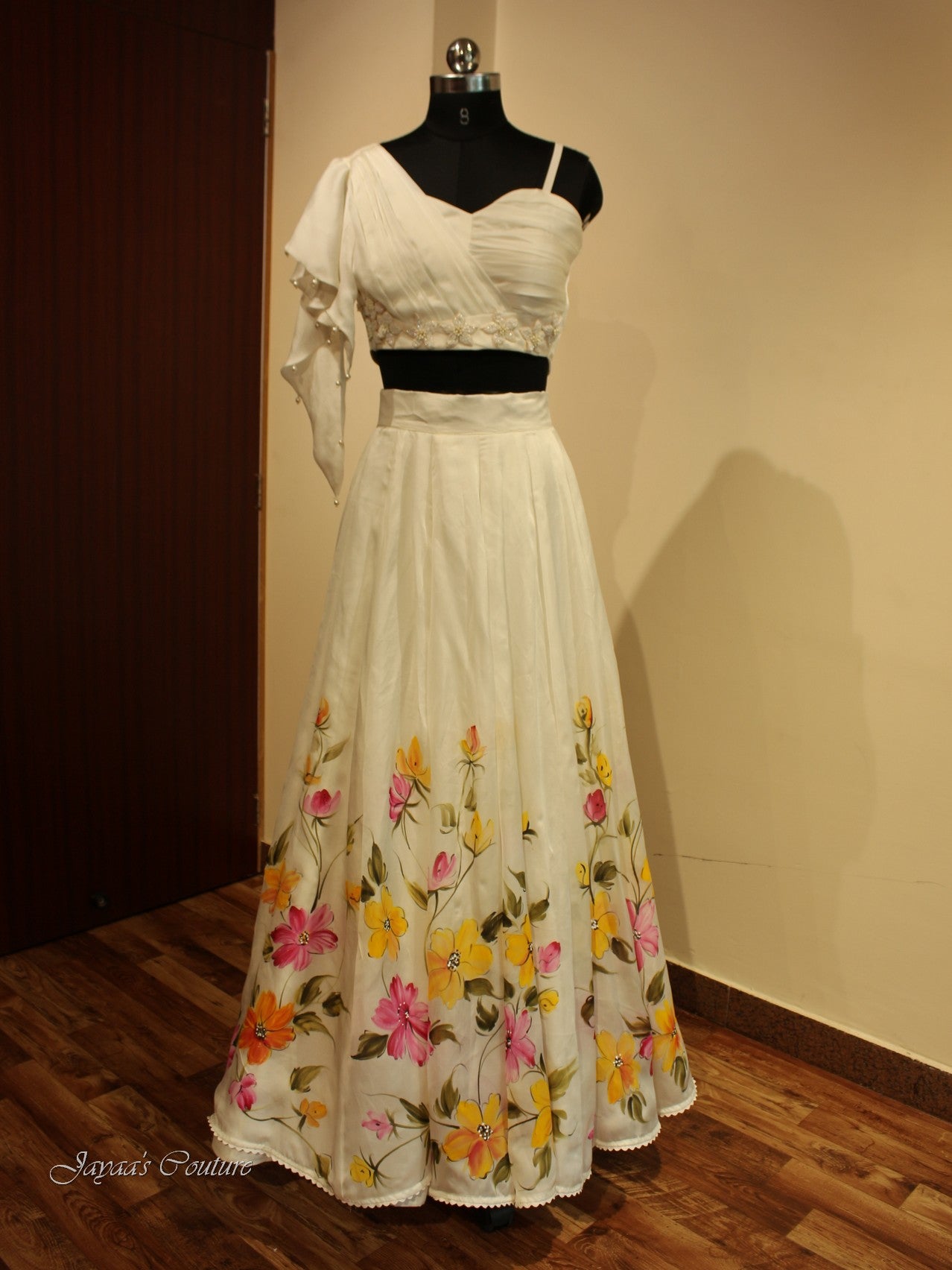 White Hand painted Crop top with skirt