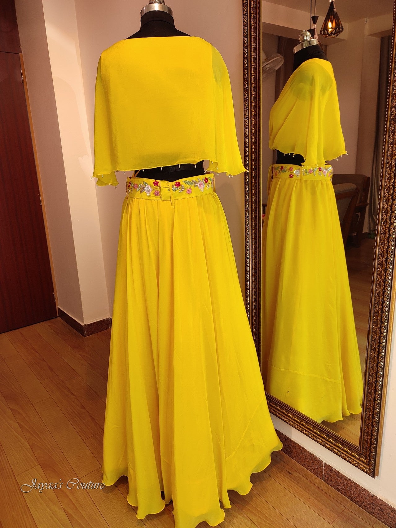 Yellow crop top with belt & pouch
