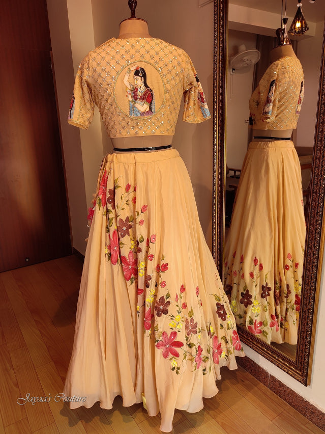 Beige hand painted lehenga set