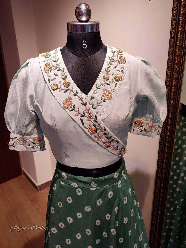 Dark Green bandhani skirt with pastel green blouse & tie & dye dupatta