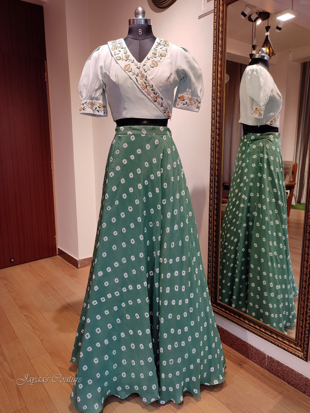 Dark Green bandhani skirt with pastel green blouse & tie & dye dupatta