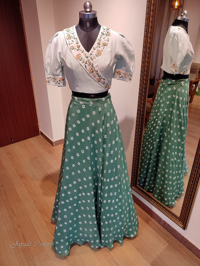 Dark Green bandhani skirt with pastel green blouse & tie & dye dupatta