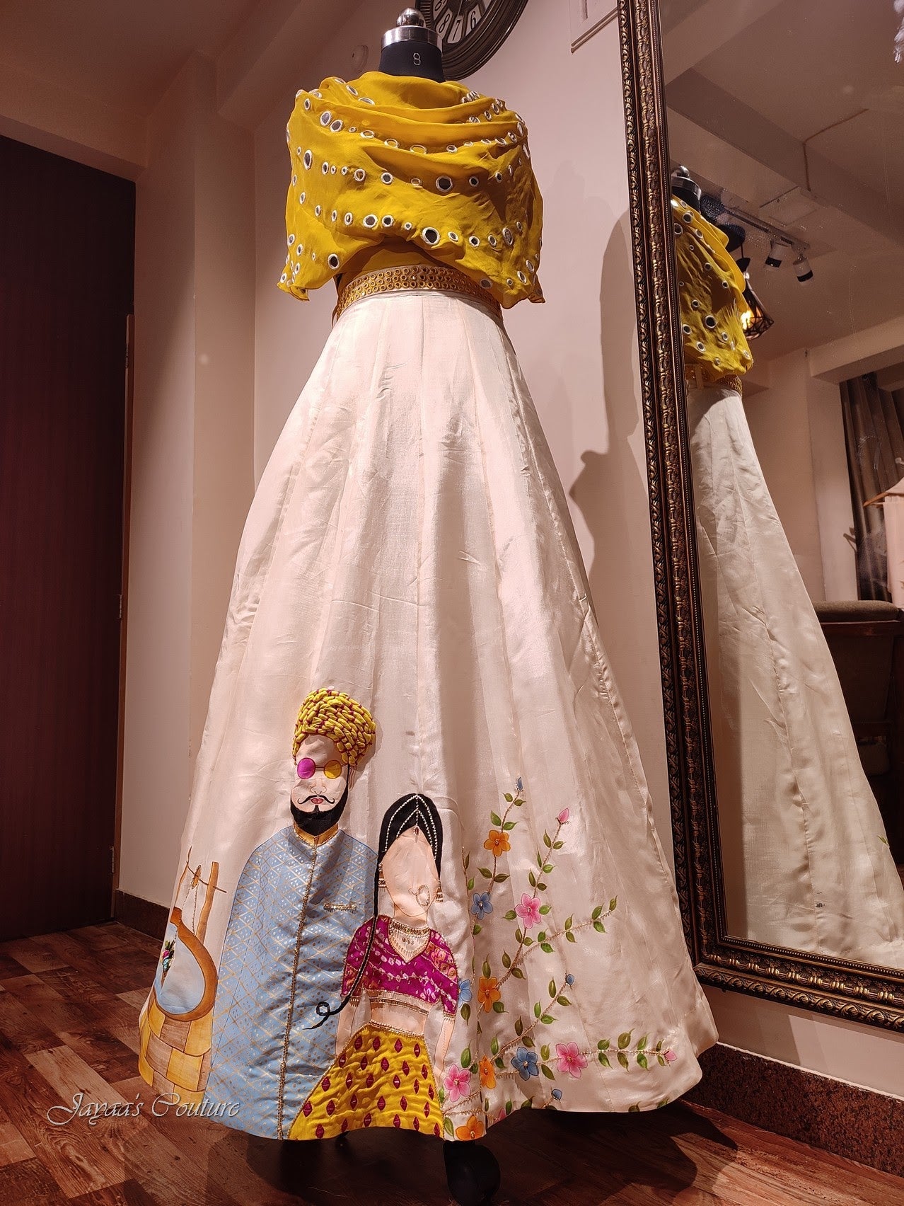 mustard yellow off white hand painted crop top with skirt