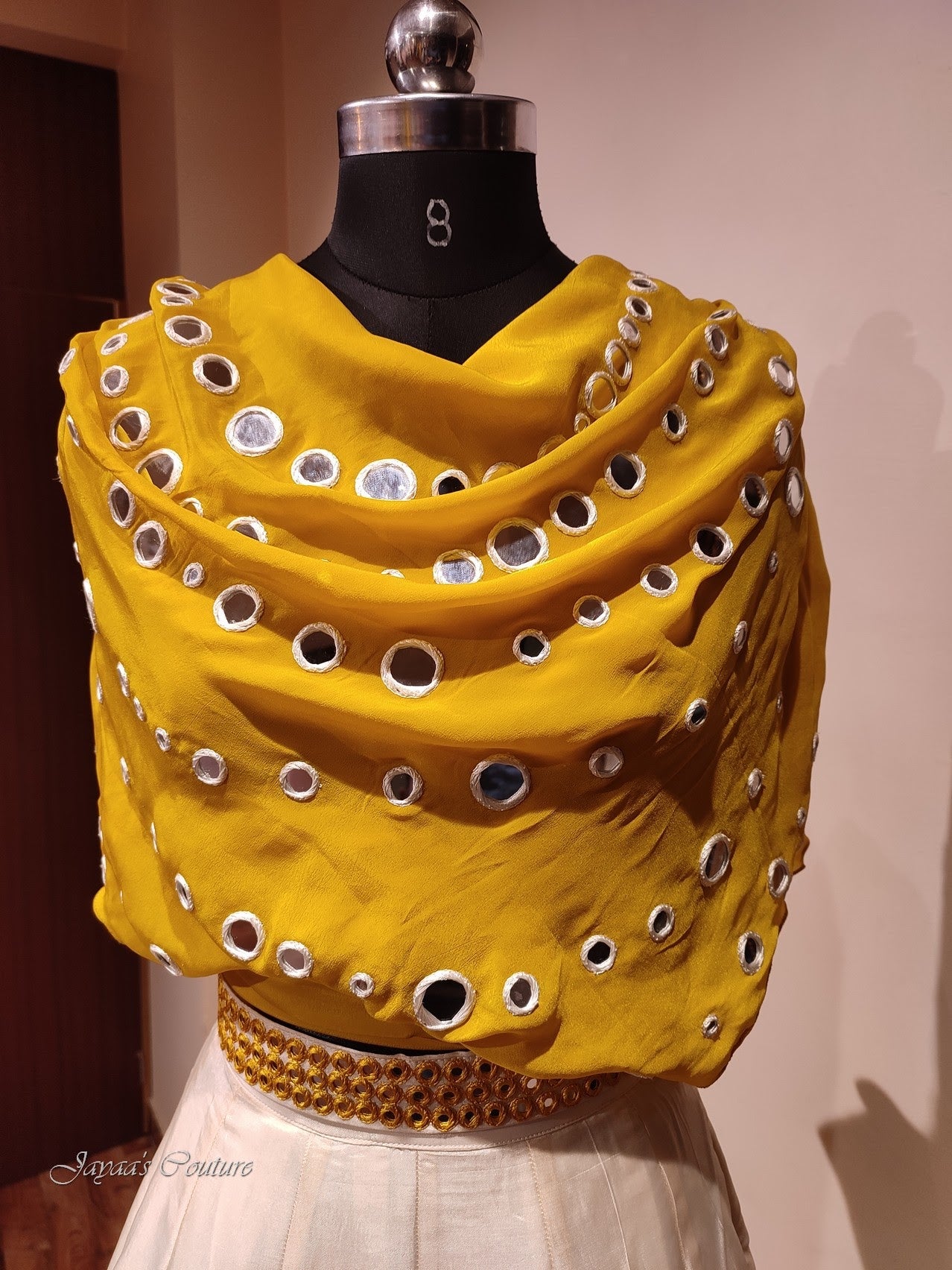 mustard yellow off white crop top with skirt