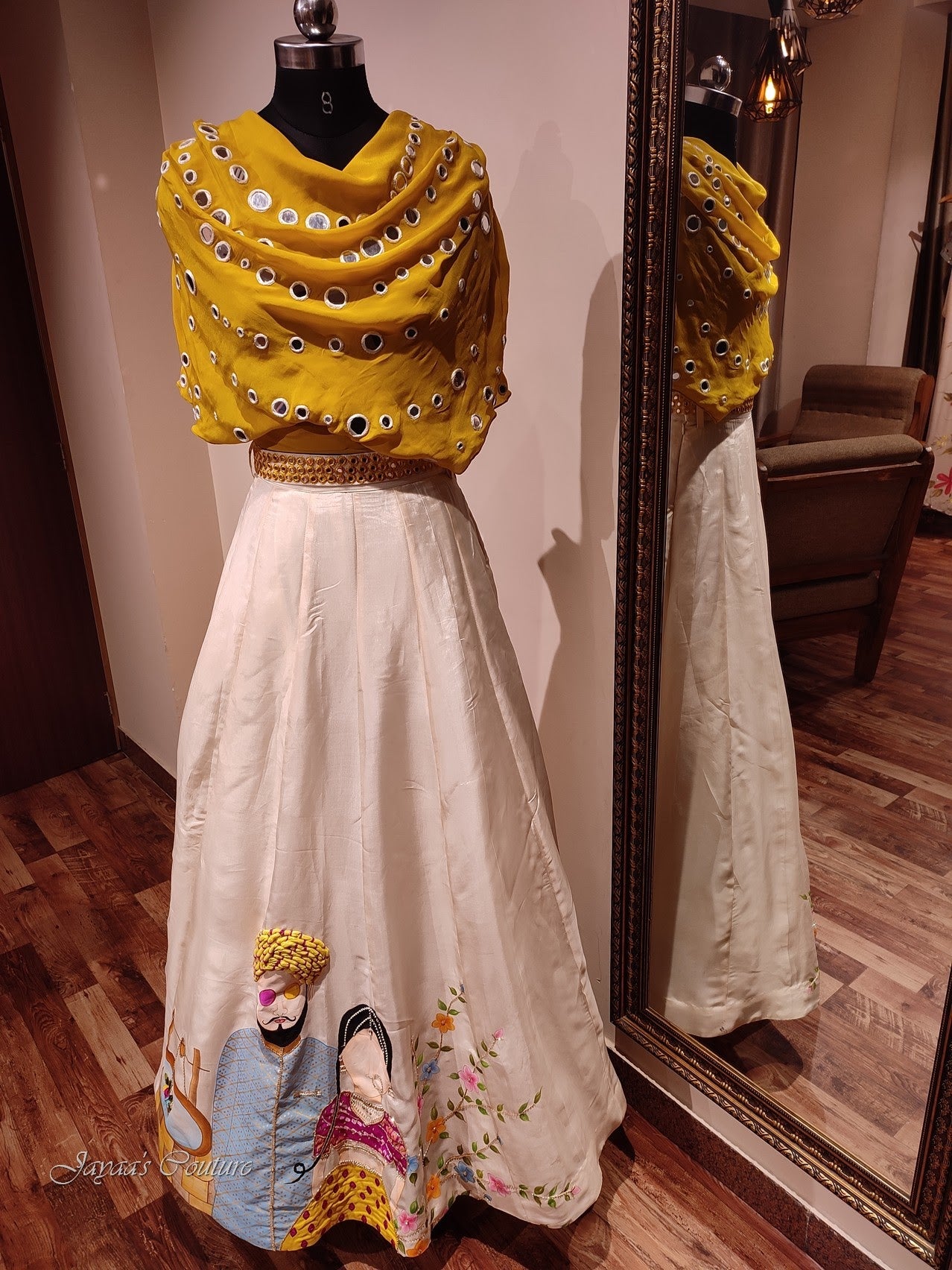 mustard yellow off white crop top with skirt