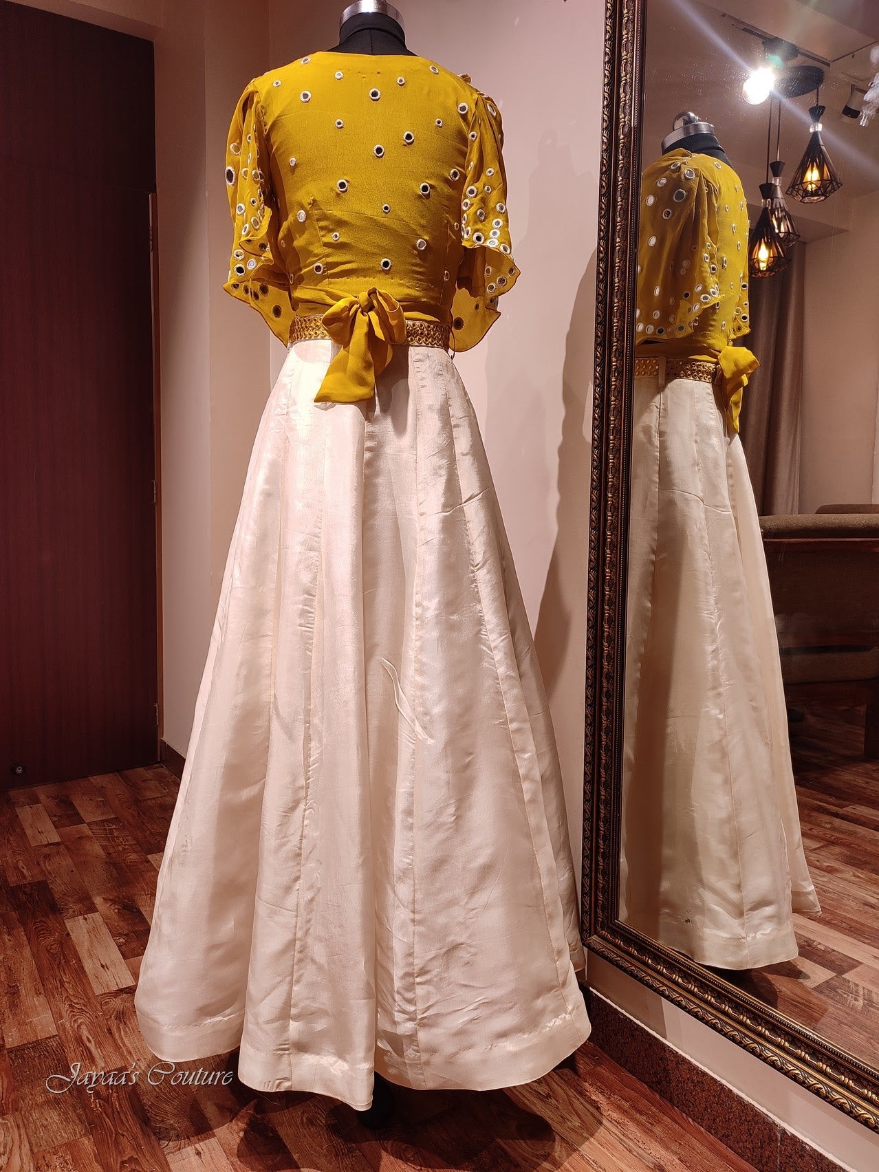 mustard yellow off white crop top with skirt
