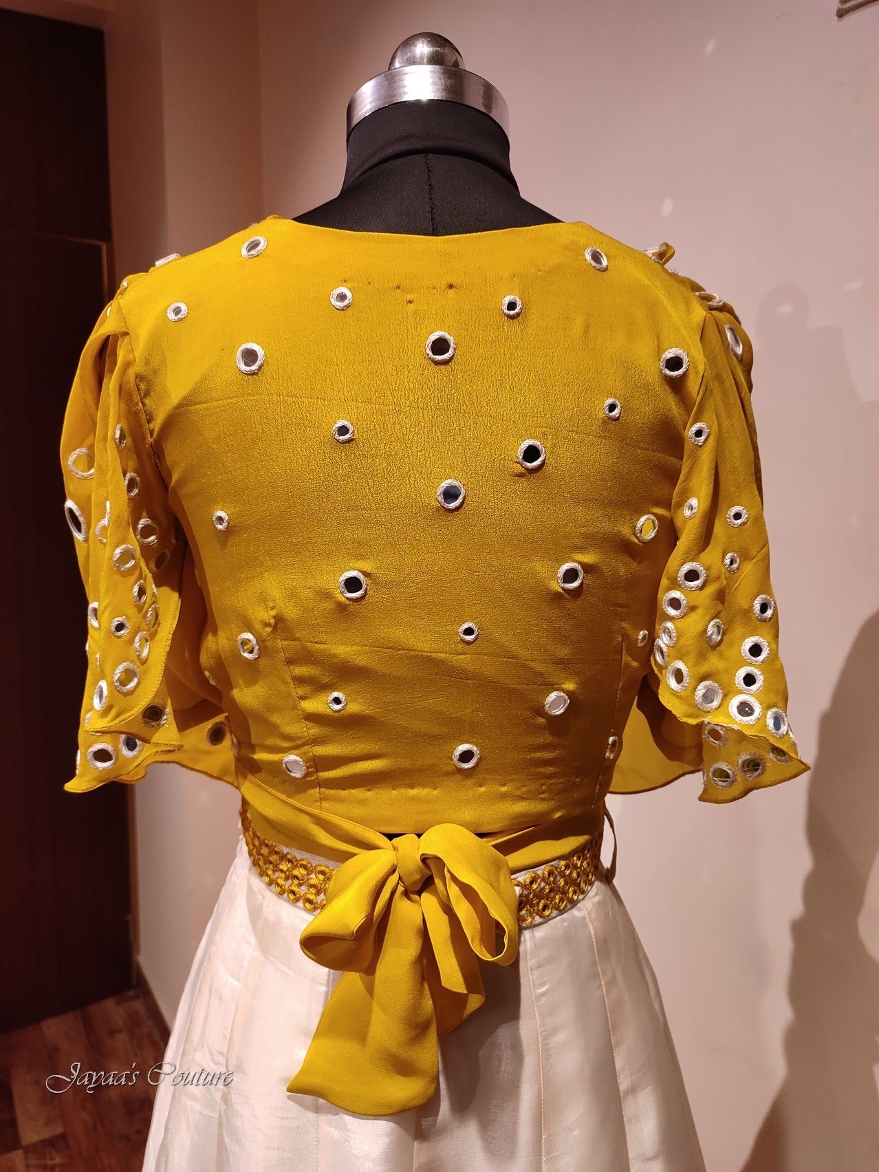 mustard yellow off white crop top with skirt