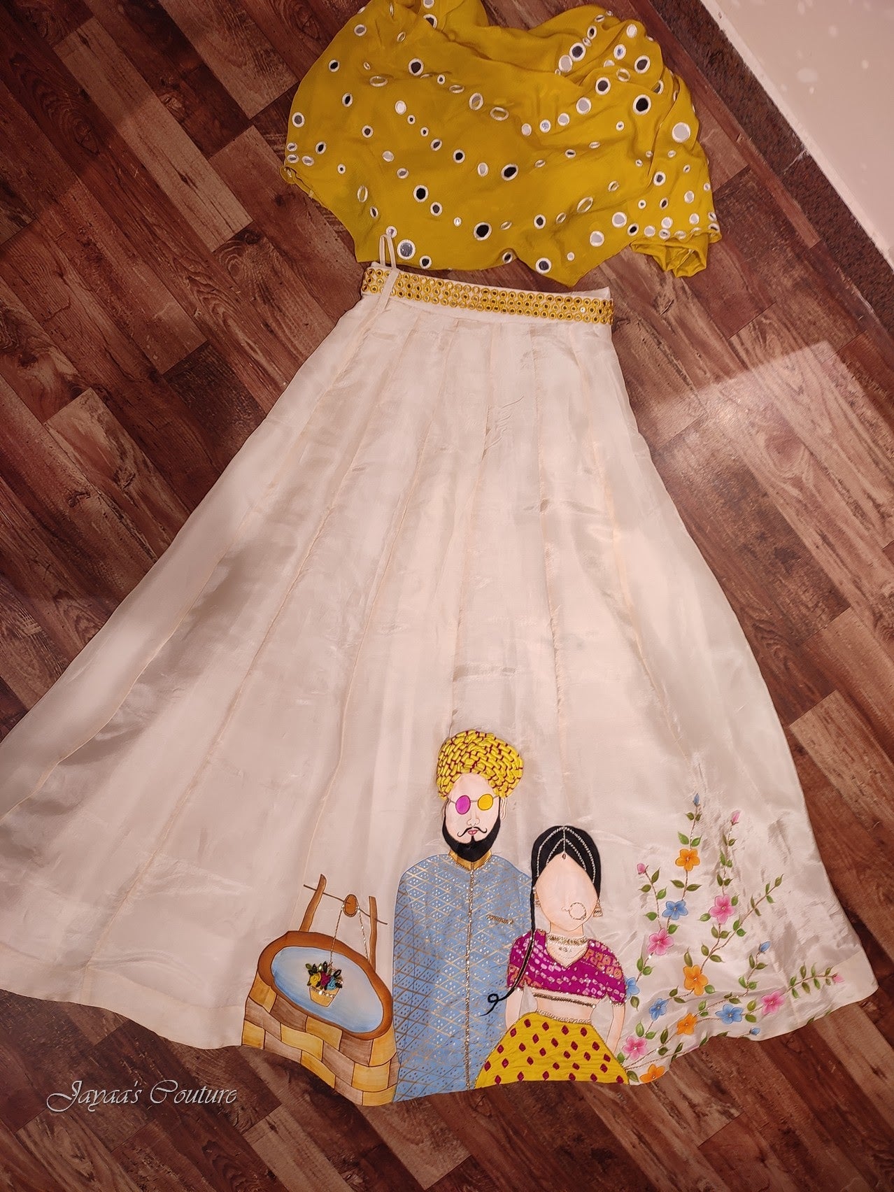 mustard yellow off white crop top with skirt