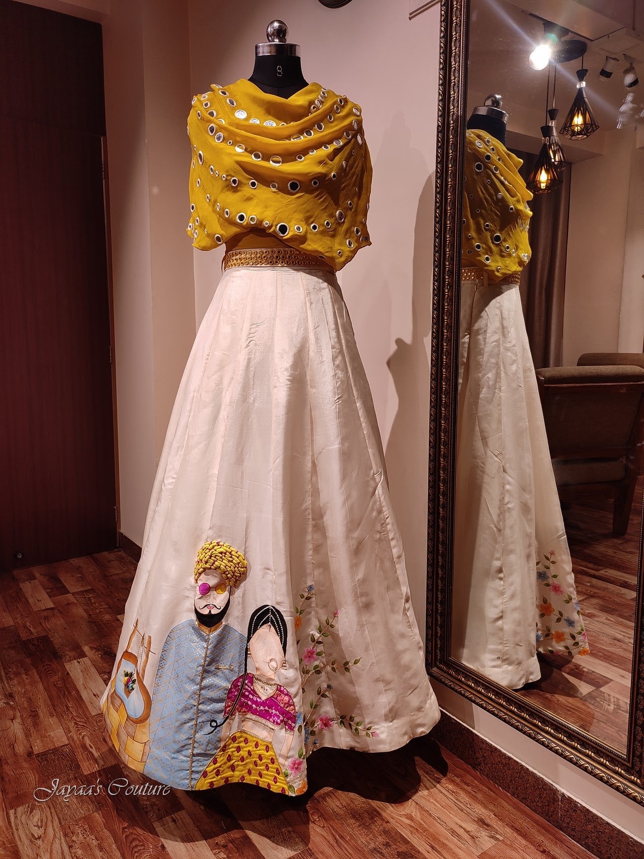 mustard yellow off white crop top with skirt