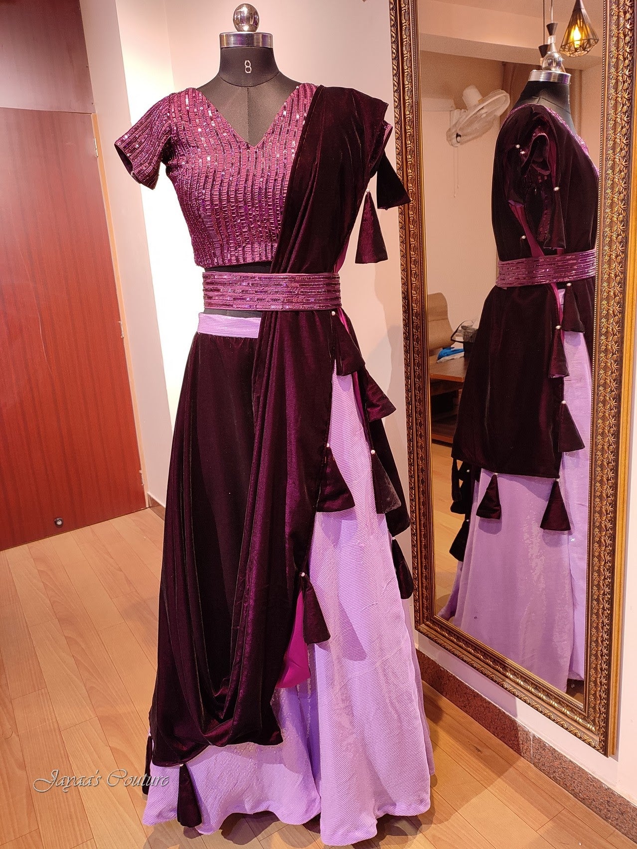 Wine blouse withskirt and velvet drape