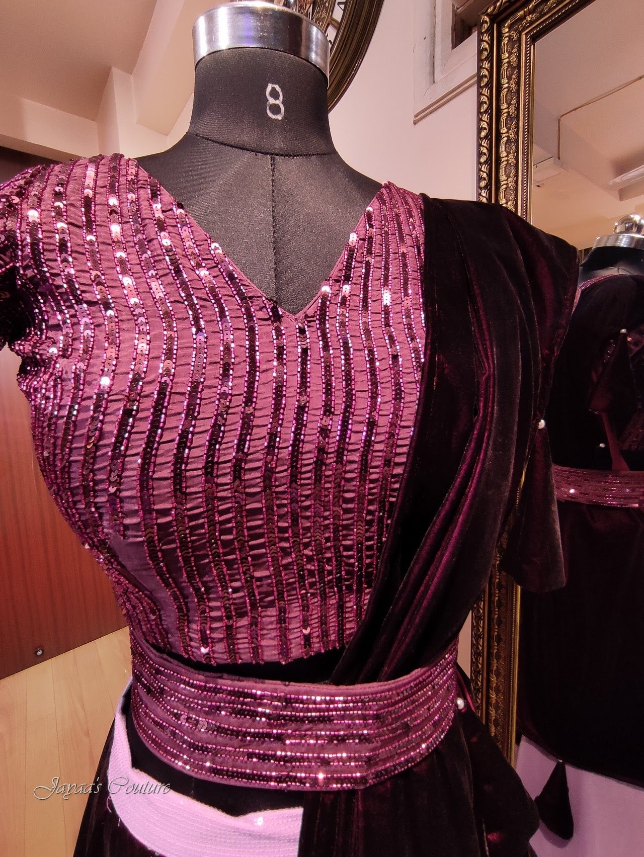 Wine blouse withskirt and velvet drape