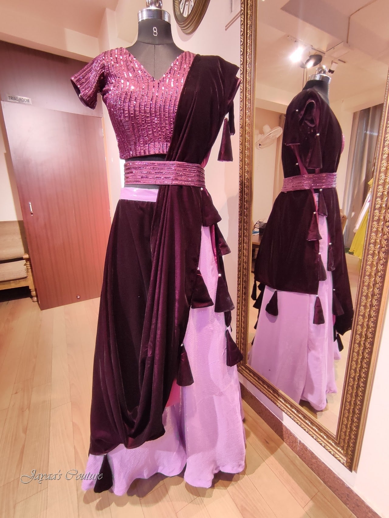 Wine blouse withskirt and velvet drape