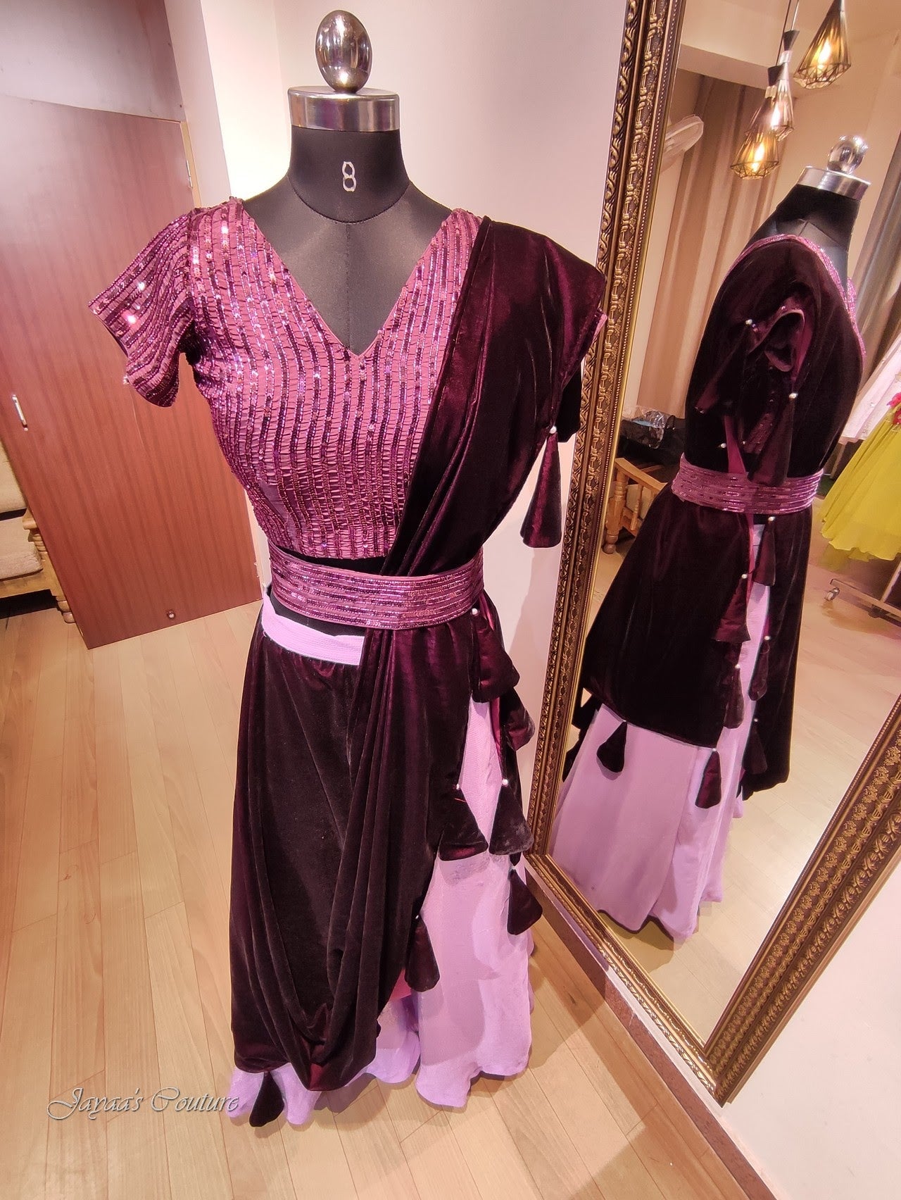 Wine blouse withskirt and velvet drape