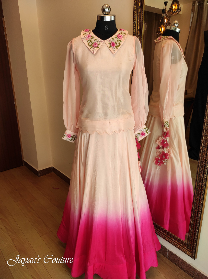 Peach top & ombre skirt with draped dupatta