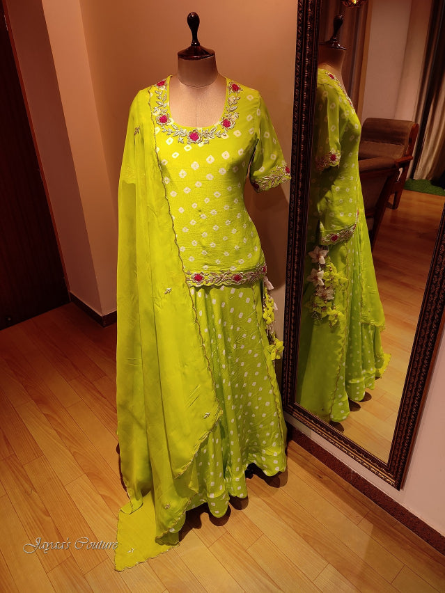 Lemon green bandhani kurti skirt and dupatta