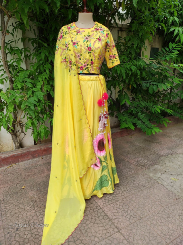 Yellow hand Painted lehenga with blouse & dupatta