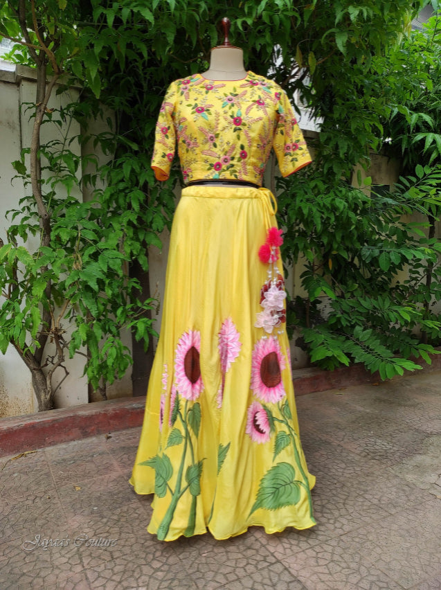 Yellow hand Painted lehenga with blouse & dupatta