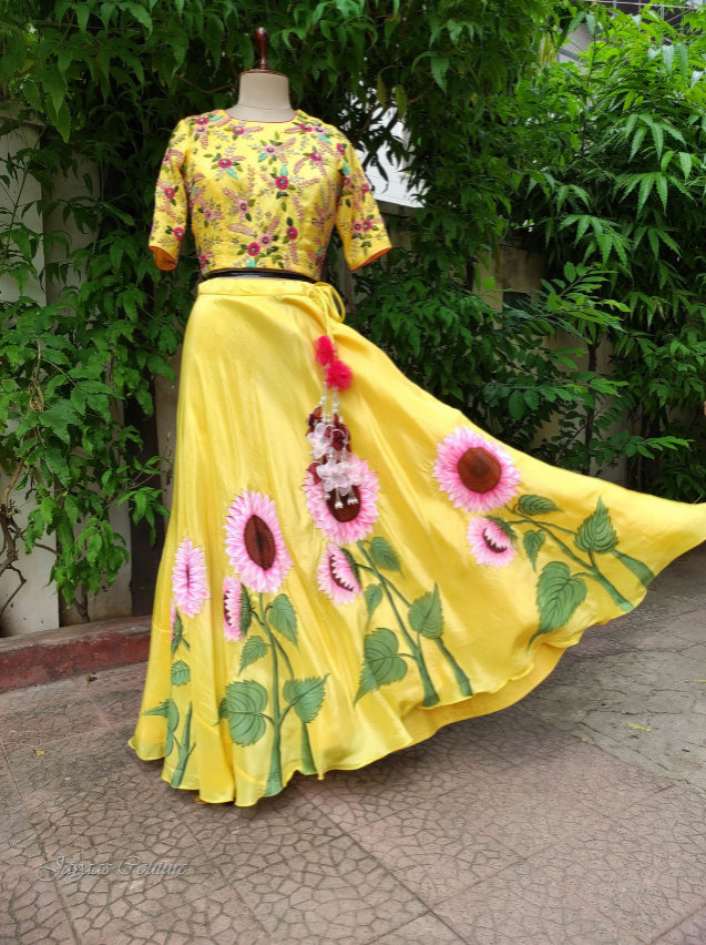 Yellow hand Painted lehenga with blouse & dupatta