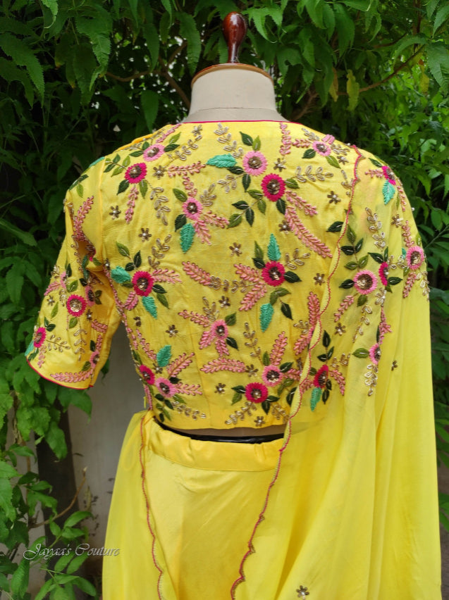 Yellow hand Painted lehenga with blouse & dupatta