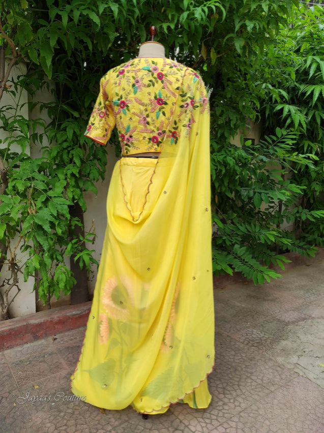 Yellow hand Painted lehenga with blouse & dupatta