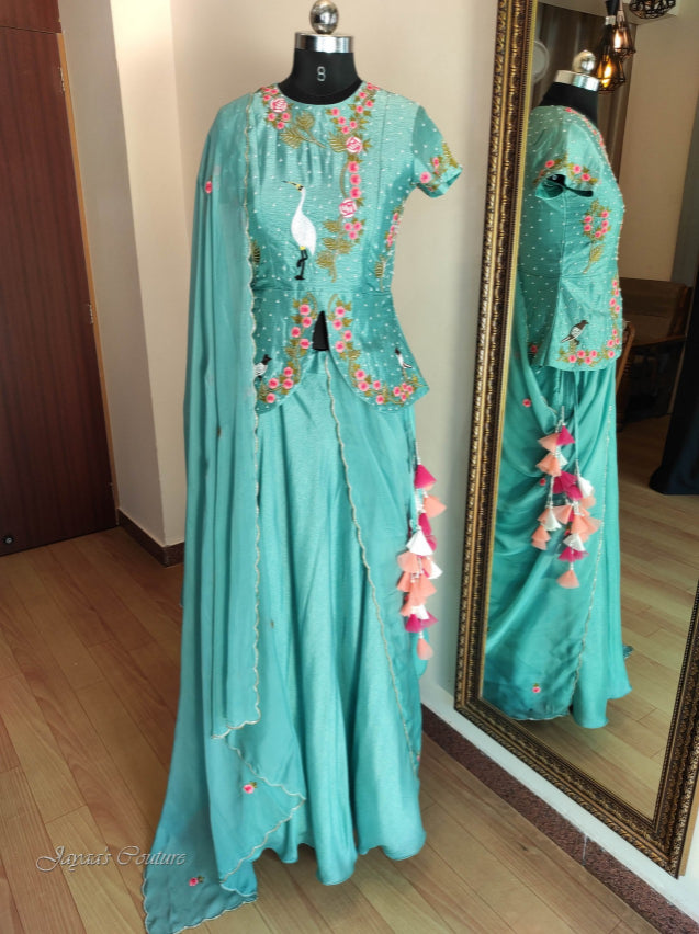 Greyish green skirt with top & dupatta