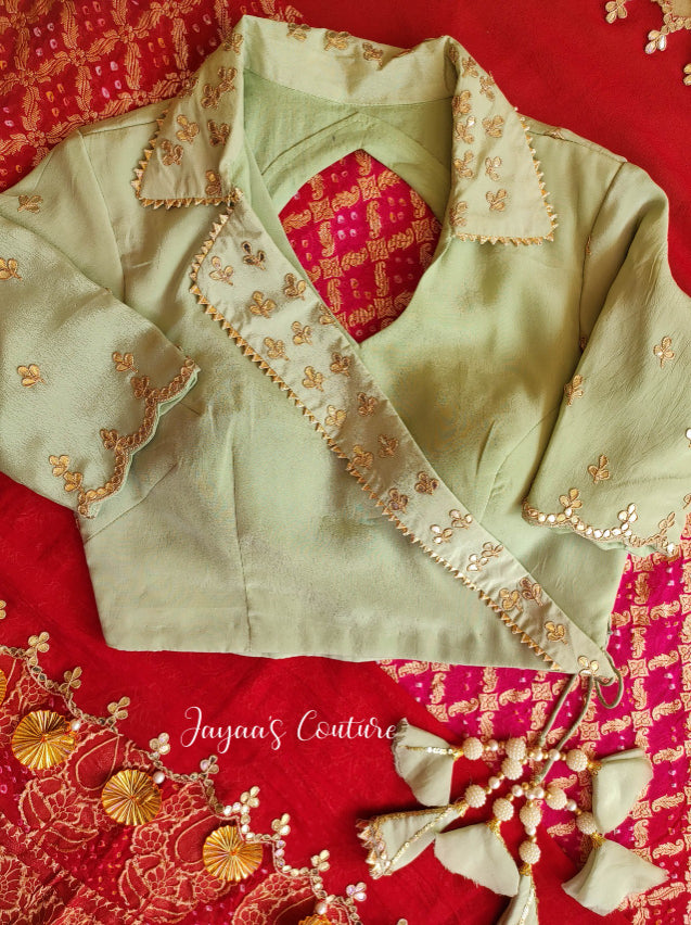 Pastel pista green angrakha blouse with lehenga and dupatta