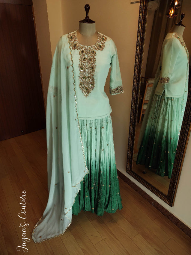Dusty Green crushed ombre shaded olive lehenga set