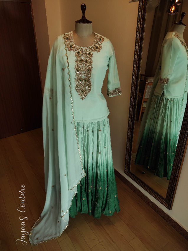 Dusty Green crushed ombre shaded olive lehenga set