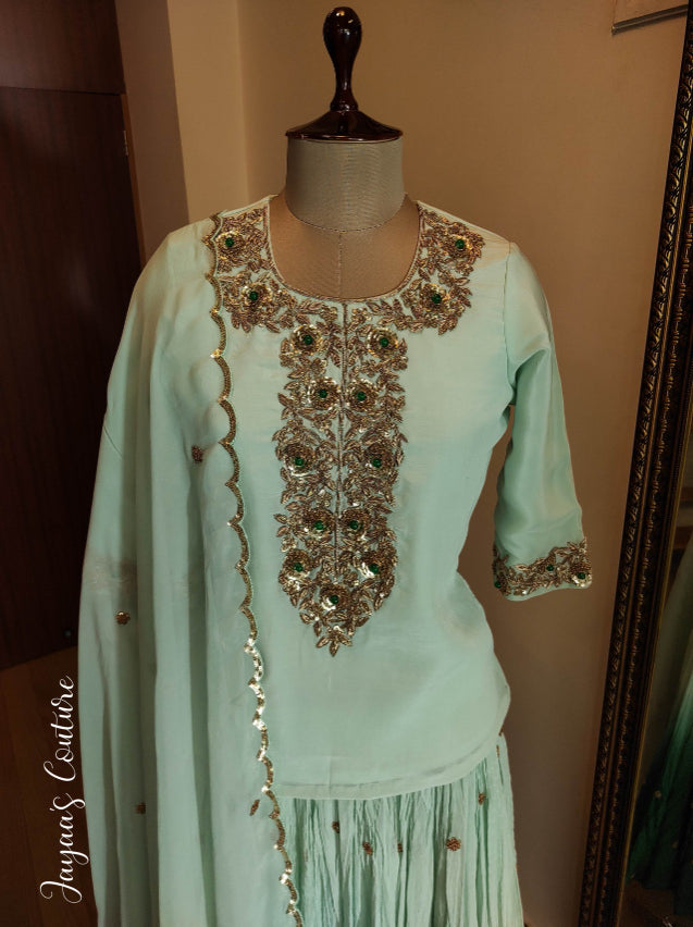 Dusty Green crushed ombre shaded olive lehenga set