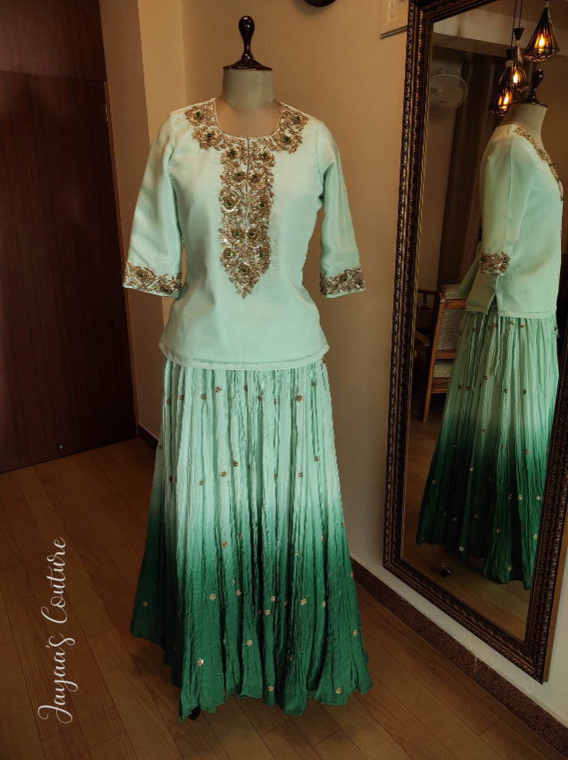Dusty Green crushed ombre shaded olive lehenga set