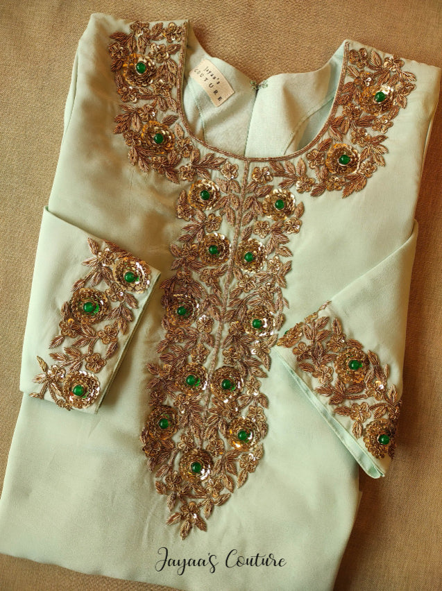 Dusty Green crushed ombre shaded olive lehenga set