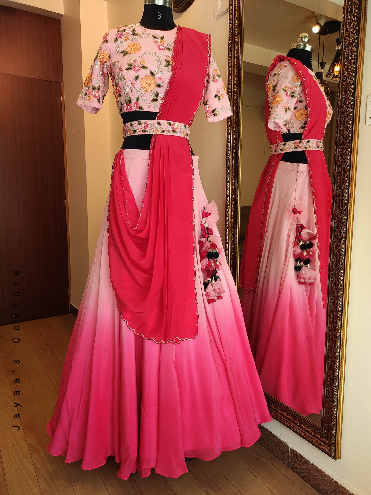 Dark pink ombre lehenga blouse dupatta