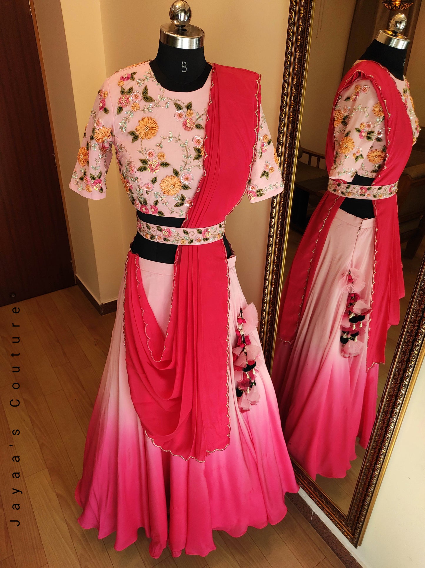 Dark pink ombre lehenga blouse dupatta