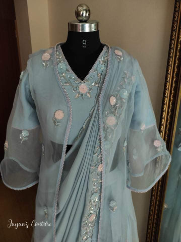 Powder Blue Drape lehenga set with shrug
