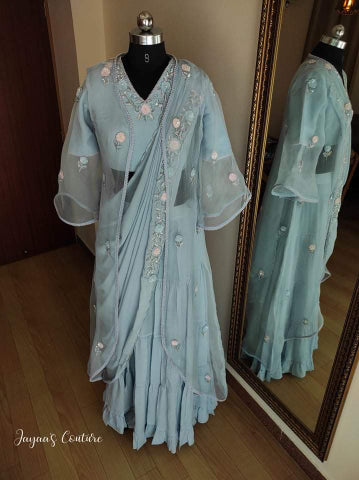 Powder Blue Drape lehenga set with shrug