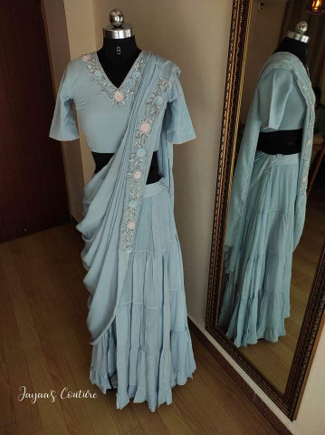 Powder Blue Drape lehenga set with shrug