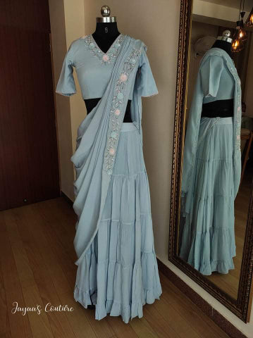 Powder Blue Drape lehenga set with shrug