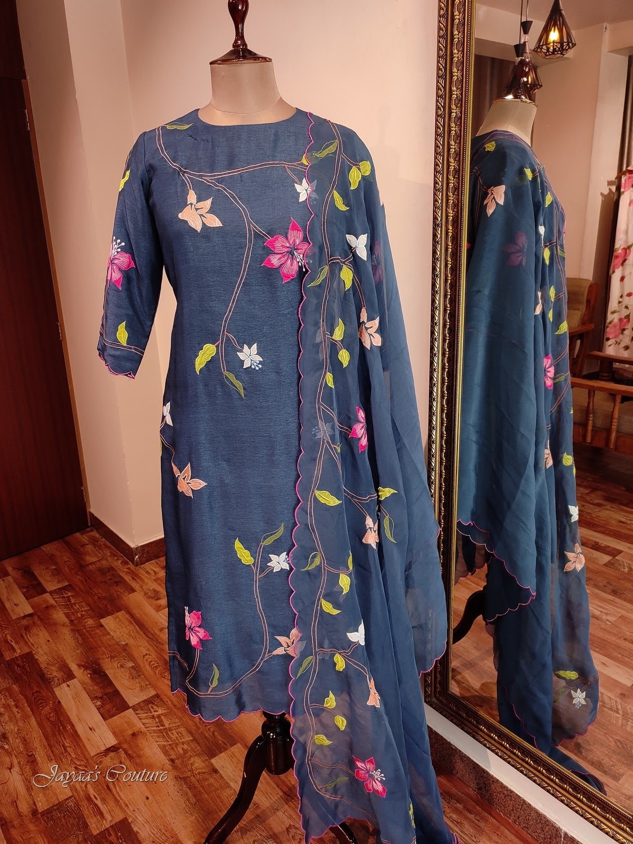 Peacock blue applique kurta pants dupatta