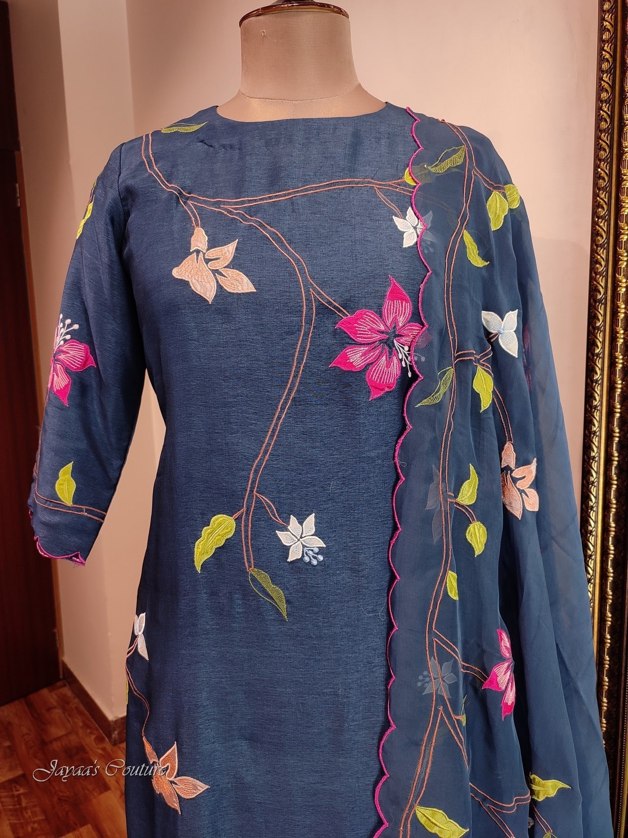 Peacock blue applique kurta pants dupatta