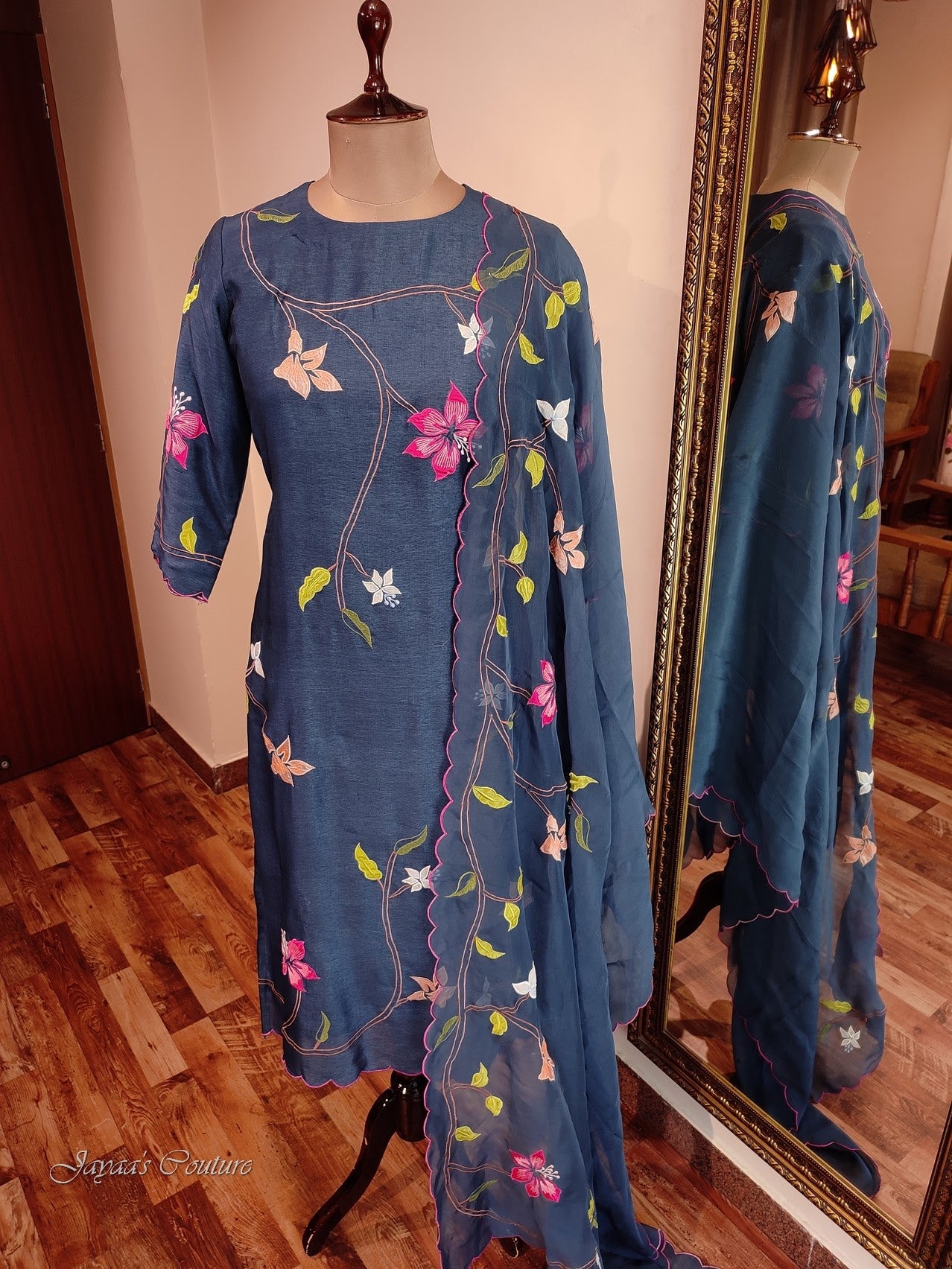 Peacock blue applique kurta pants dupatta